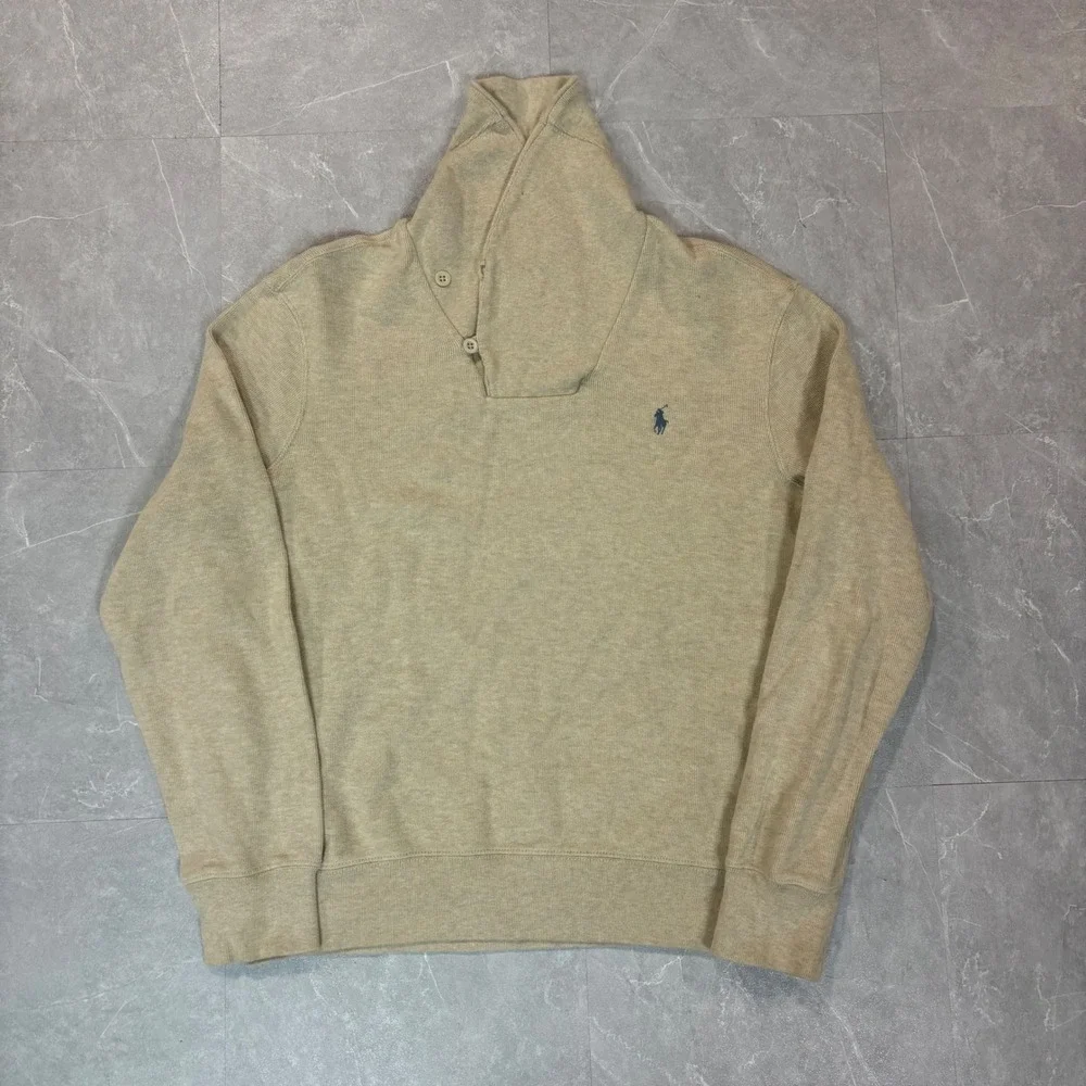 Polo Ralph Lauren Mens Tan Beige Shawl Collar Cotton Knit Sweater Large L